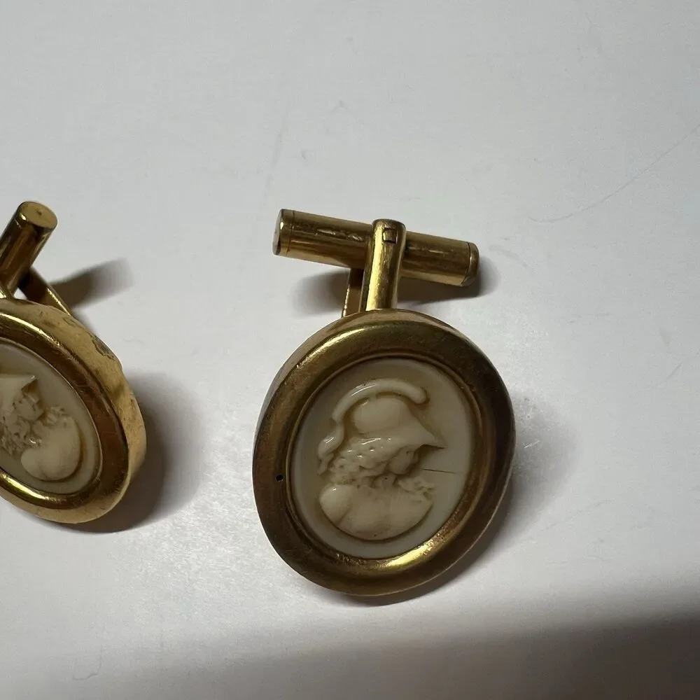 Vintage French Hallmarked Cameo Cufflinks Plaque Mark Warrior Oval